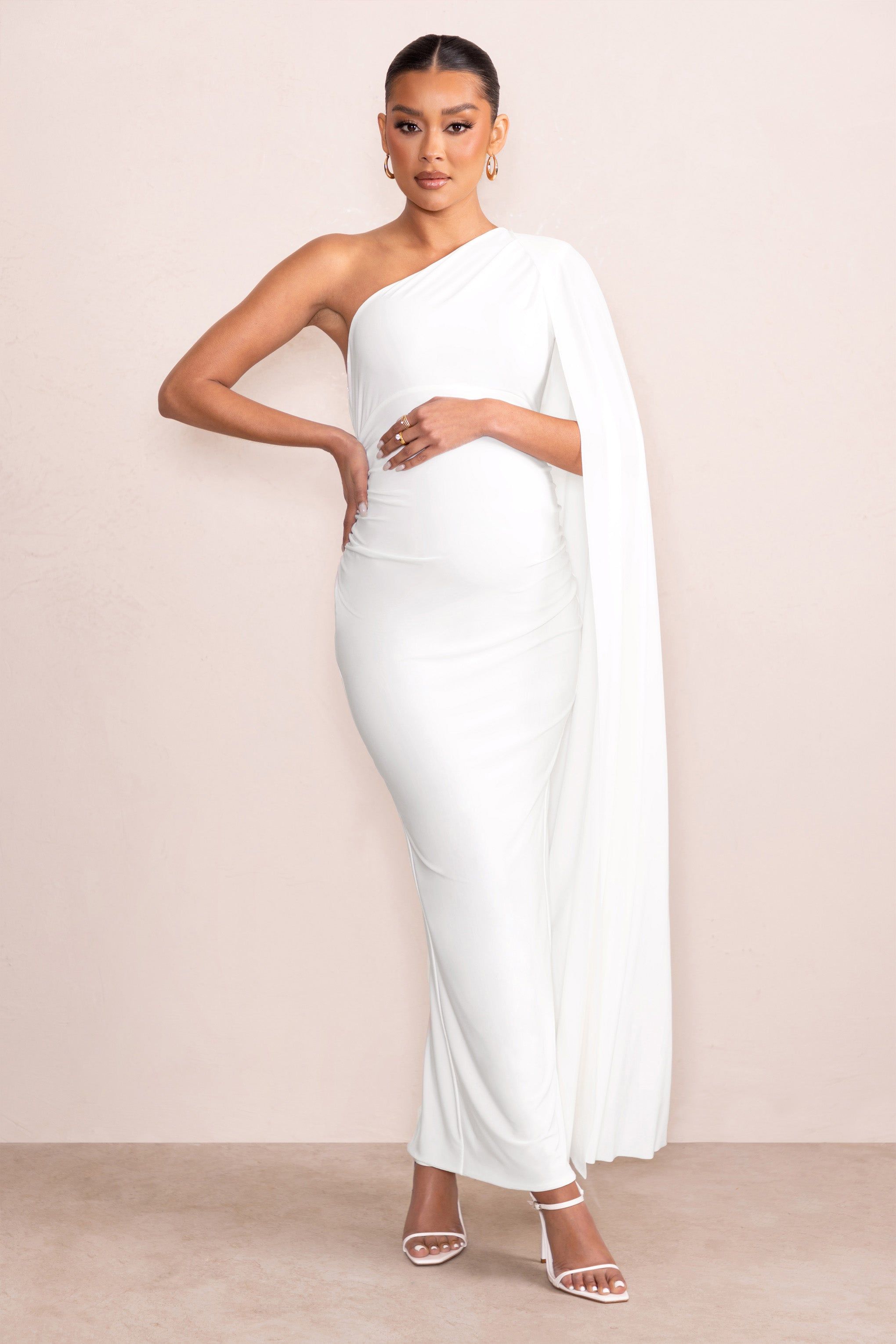 Amaryllis | White Maternity One Shoulder Maxi Dress with Cape Sleeve sold by Club L London product image thumbnail 4