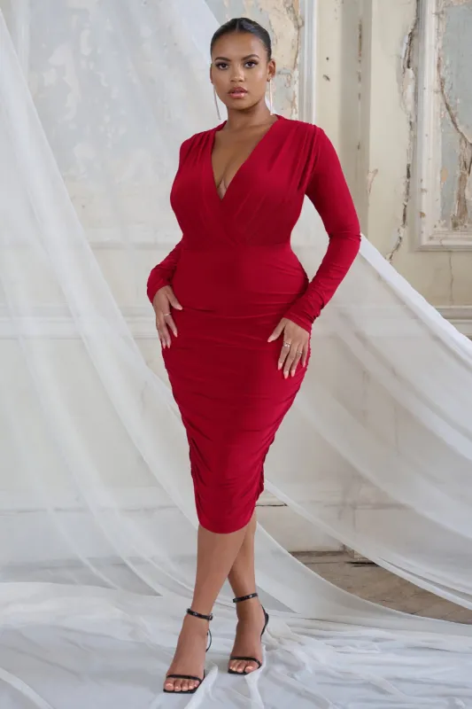 Showcase | Plus Berry Long Sleeve Ruched Midi Dress sold by Club L London