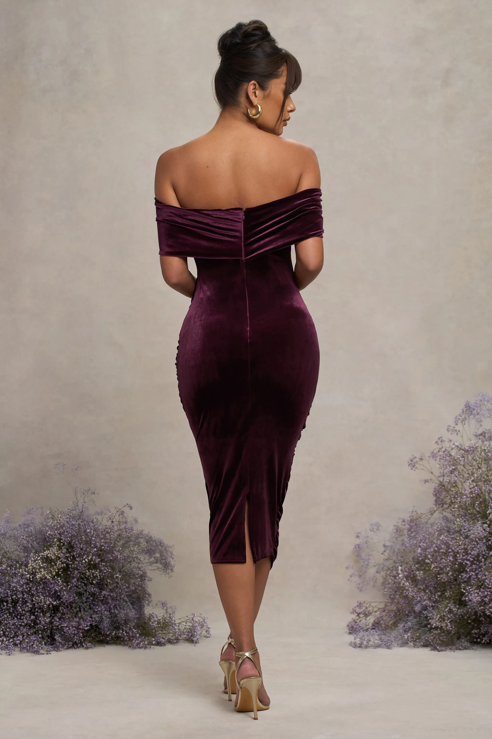 Alyssa | Port Velvet Maternity Bardot Bow Maternity Midi Dress with Ruching sold by Club L London product image thumbnail 2