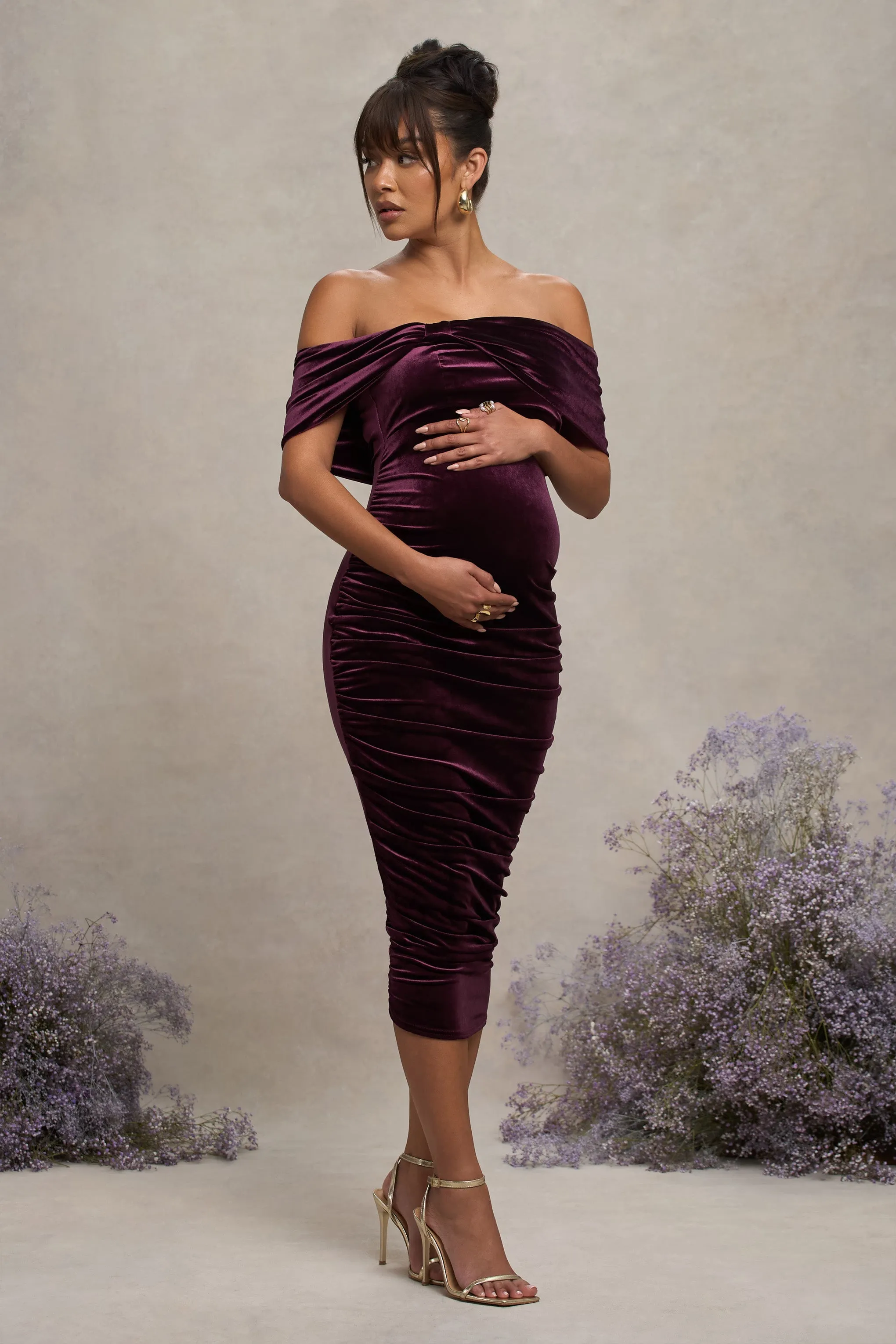 Alyssa | Port Velvet Maternity Bardot Bow Maternity Midi Dress with Ruching sold by Club L London product image thumbnail 4