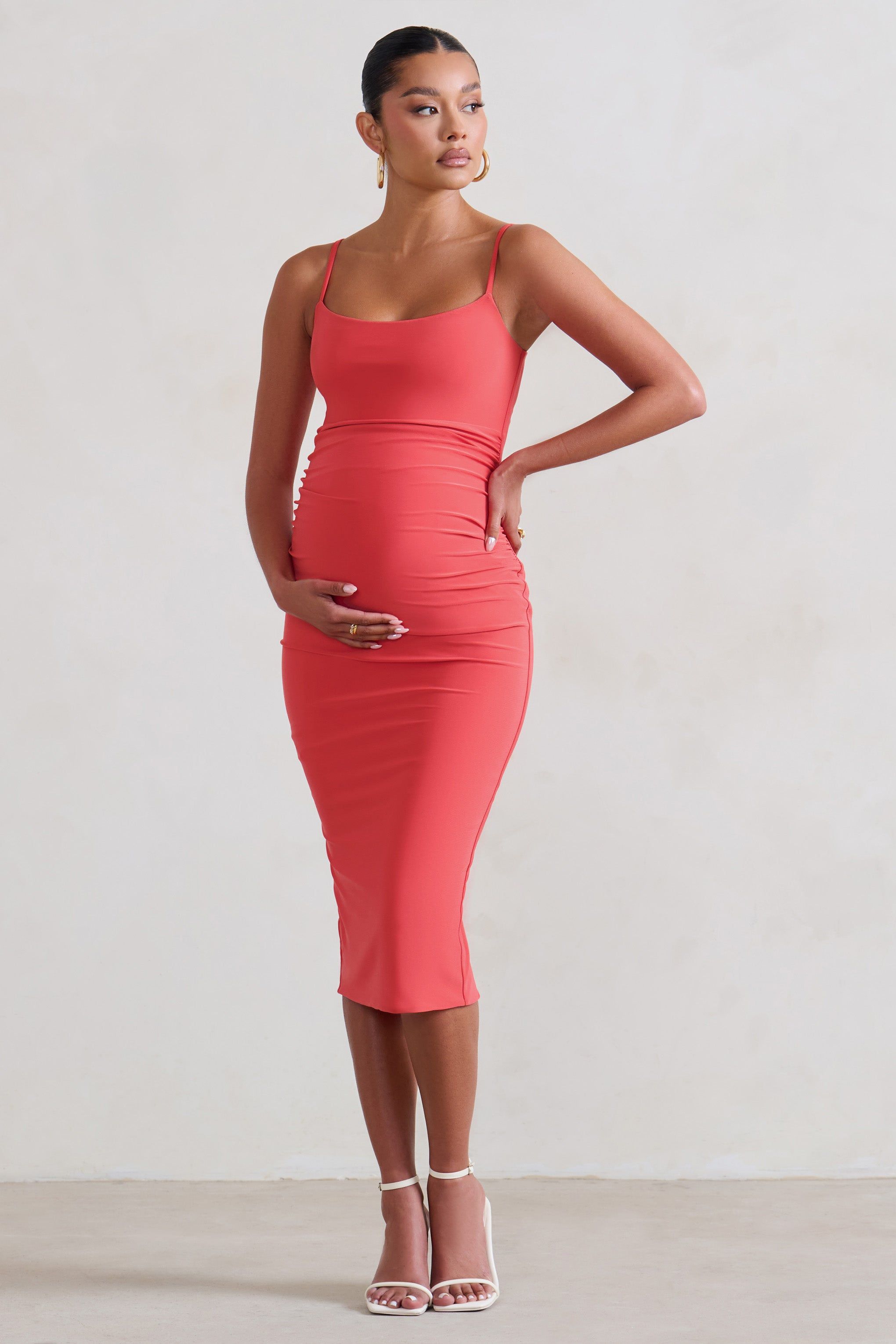 Raquel | Coral Maternity Cami Midi Dress With Split sold by Club L London