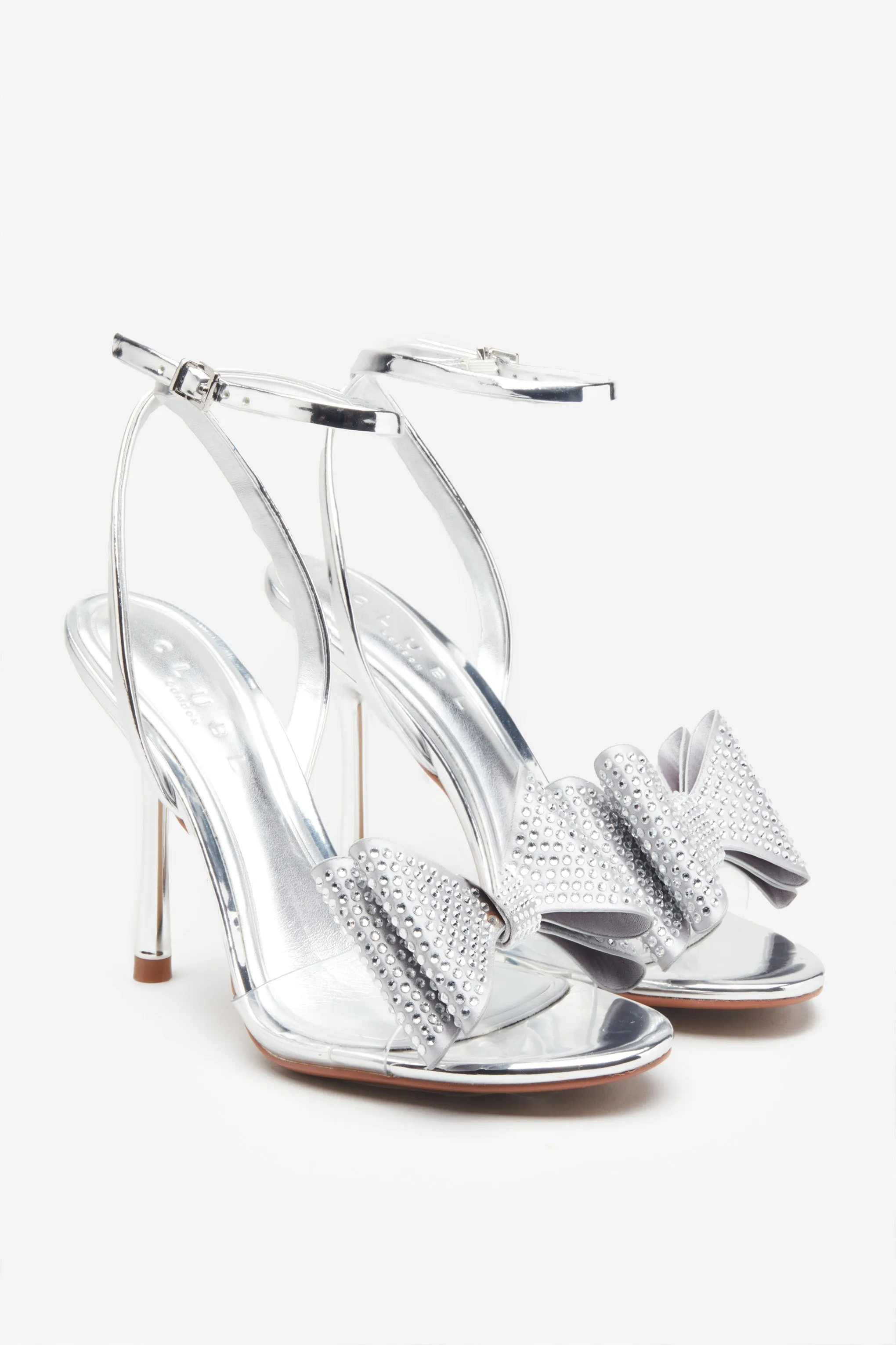 Bowing | Silver Metallic Heeled Sandals With Diamante Bows sold by Club L London product image thumbnail 2