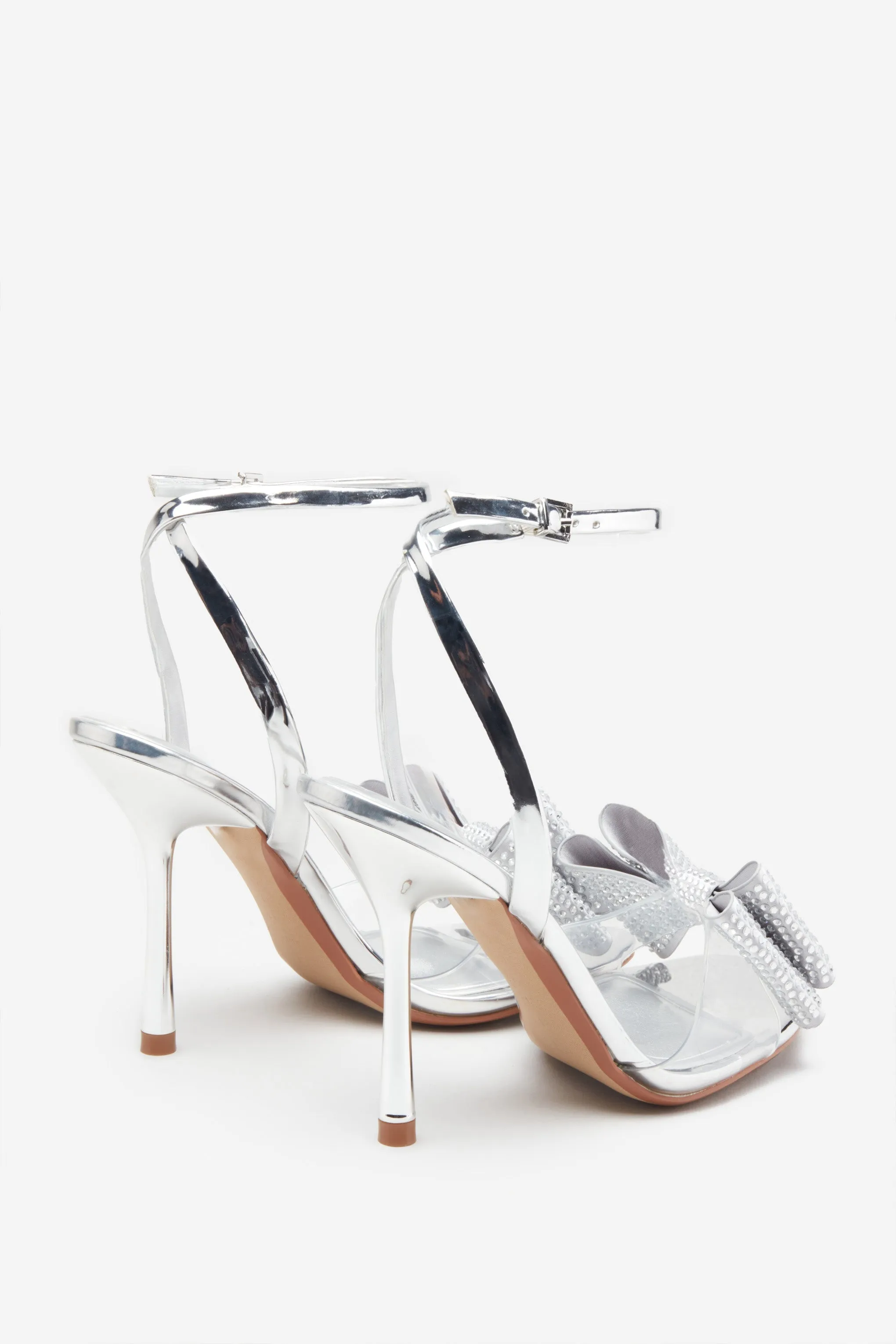Bowing | Silver Metallic Heeled Sandals With Diamante Bows sold by Club L London product image thumbnail 3