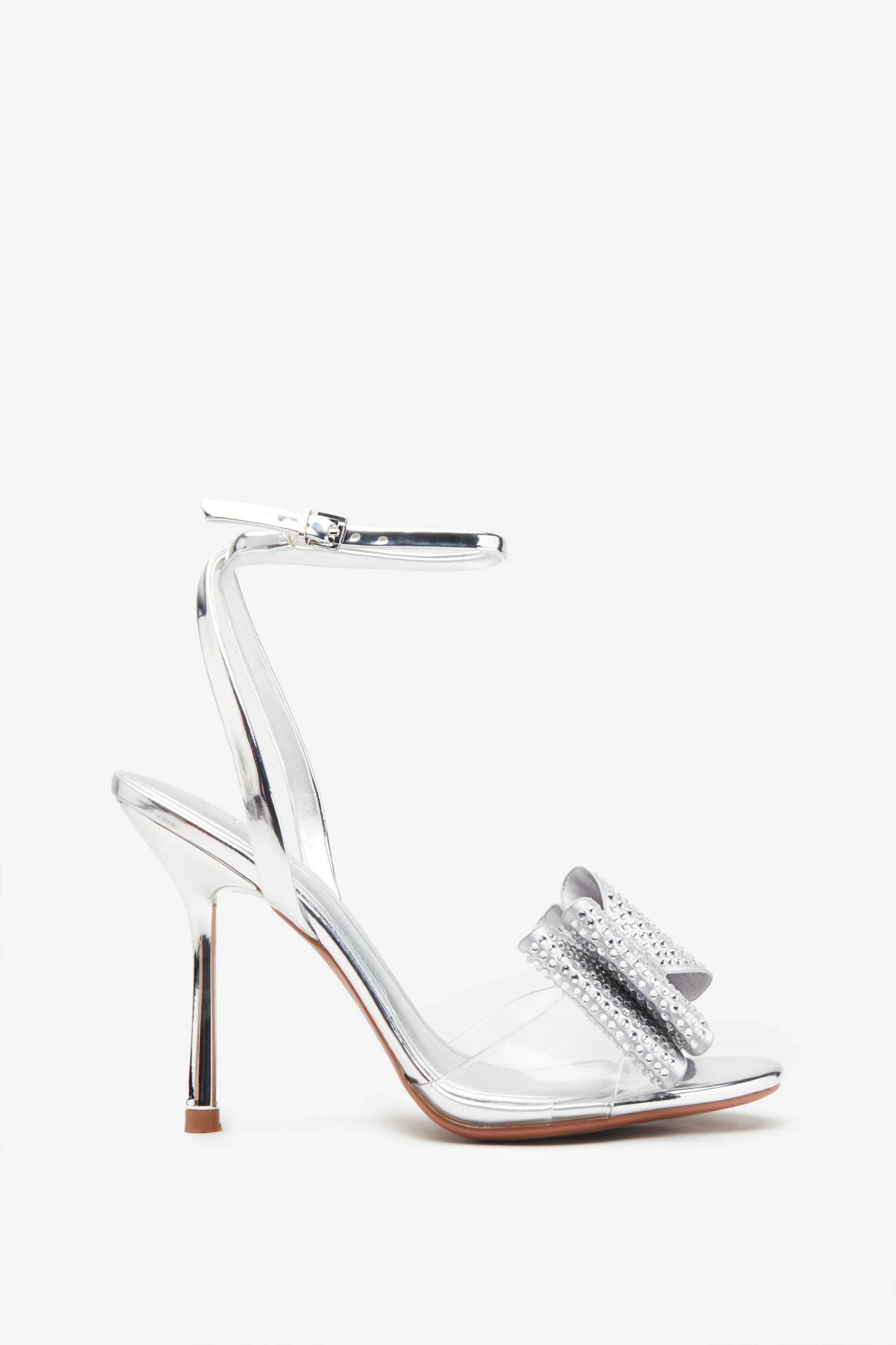 Bowing | Silver Metallic Heeled Sandals With Diamante Bows sold by Club L London