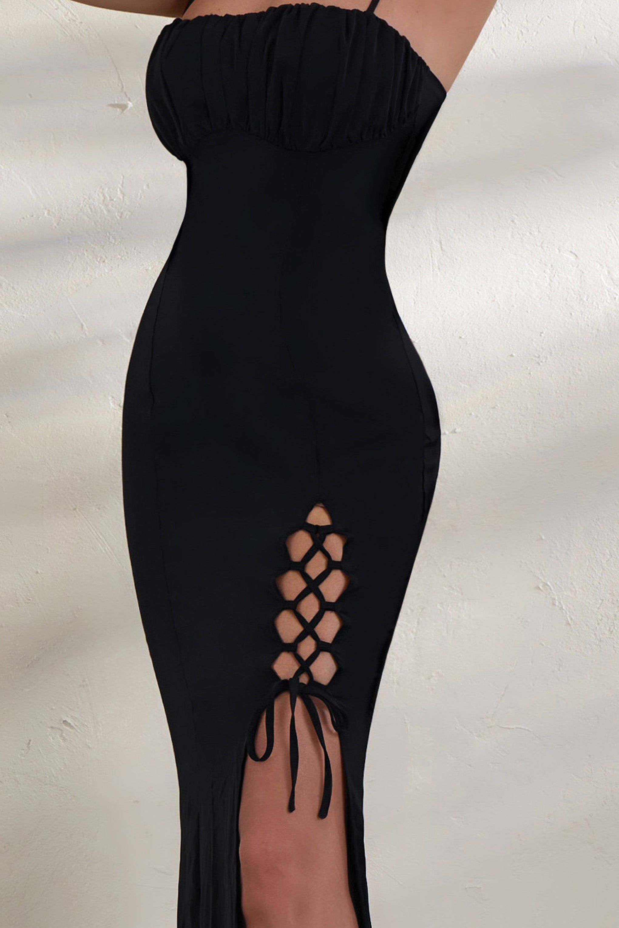 On Show | Black Lace Up Detail Split Leg Maxi Dress sold by Club L London product image thumbnail 3