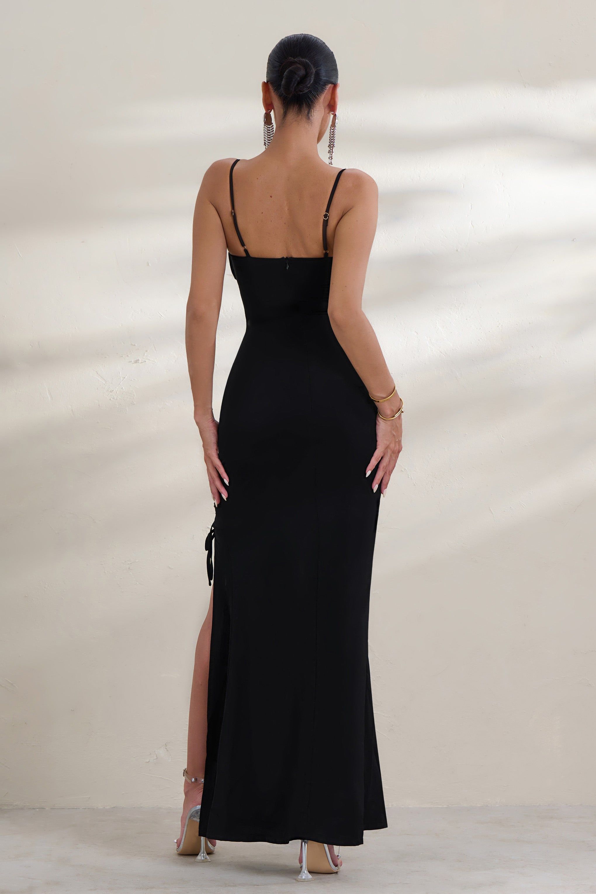 On Show | Black Lace Up Detail Split Leg Maxi Dress sold by Club L London product image thumbnail 2