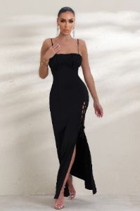 On Show | Black Lace Up Detail Split Leg Maxi Dress sold by Club L London