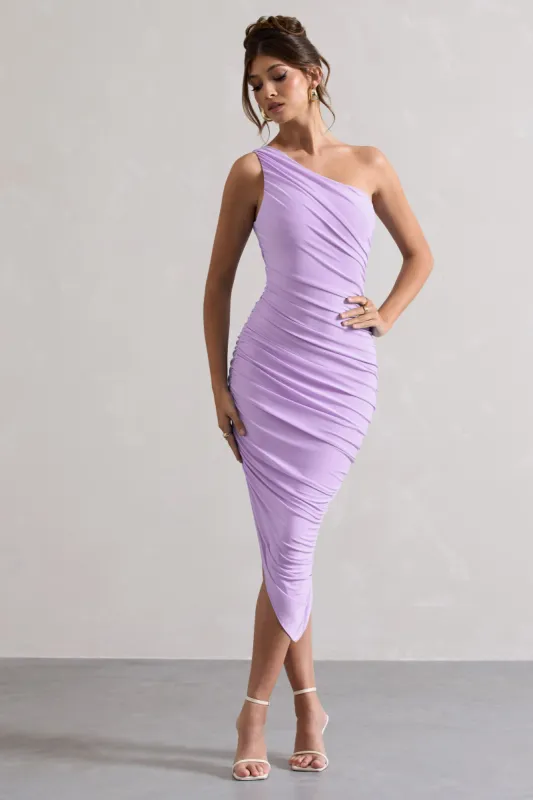Dorit | Lilac One Shoulder Asymmetric Ruched Midi Dress sold by Club L London
