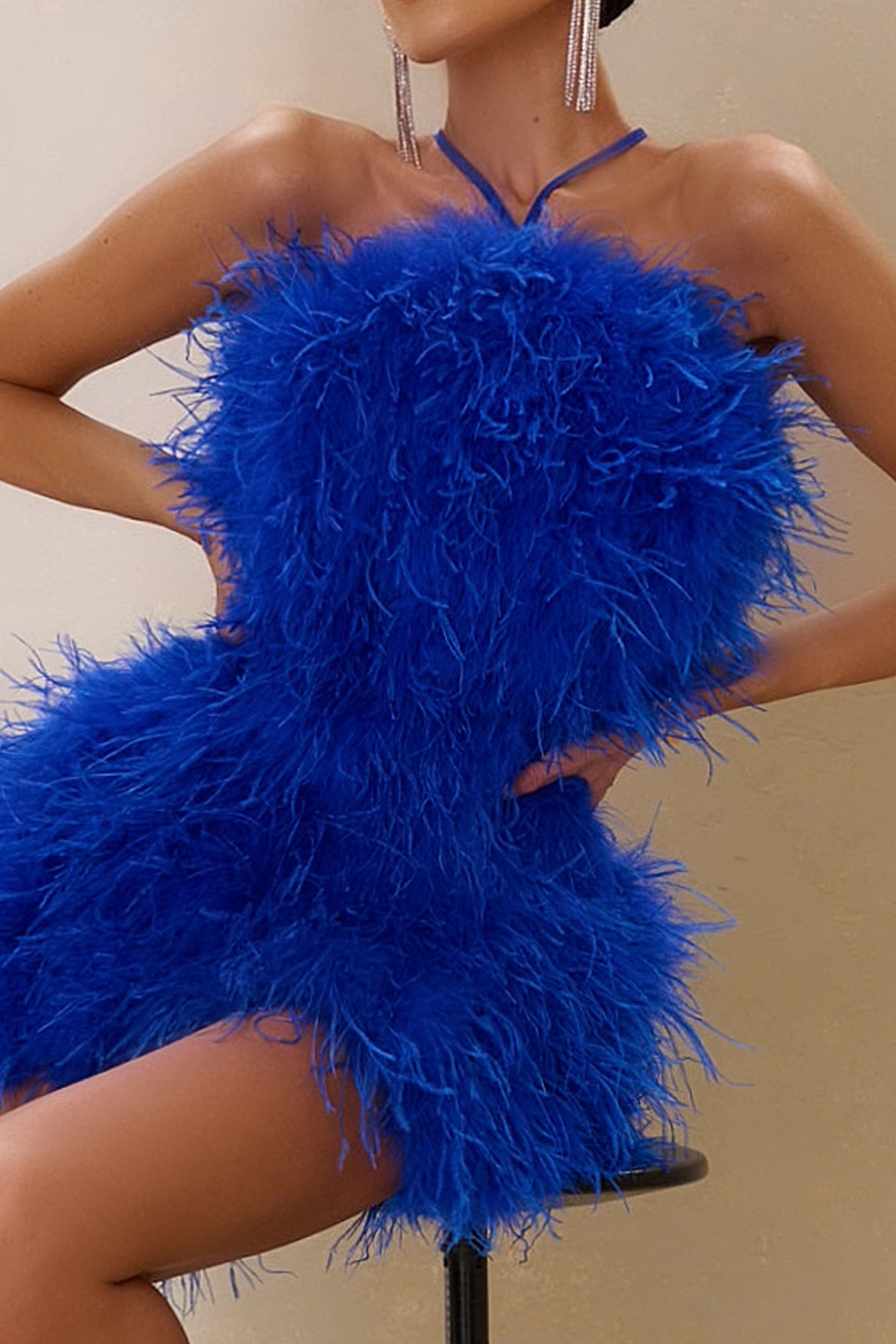 Power Up | Cobalt Blue Feather Halter Neck Mini Dress sold by Club L London product image thumbnail 4