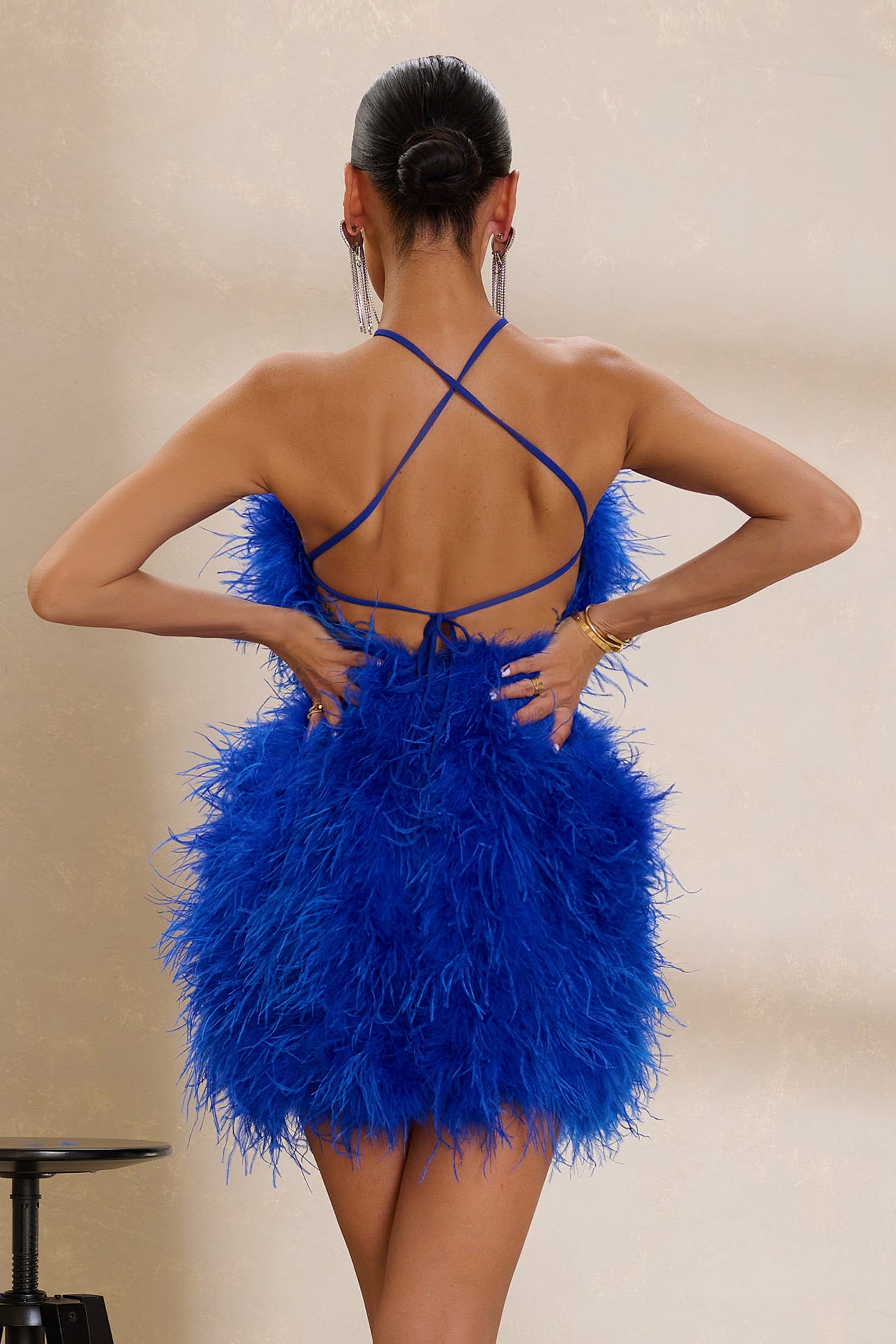 Power Up | Cobalt Blue Feather Halter Neck Mini Dress sold by Club L London product image thumbnail 2