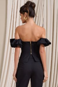 Naturally | Black Cotton-Blend Structured Bardot Top sold by Club L London