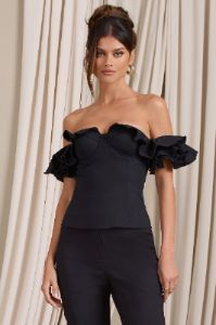 Naturally | Black Cotton-Blend Structured Bardot Top sold by Club L London