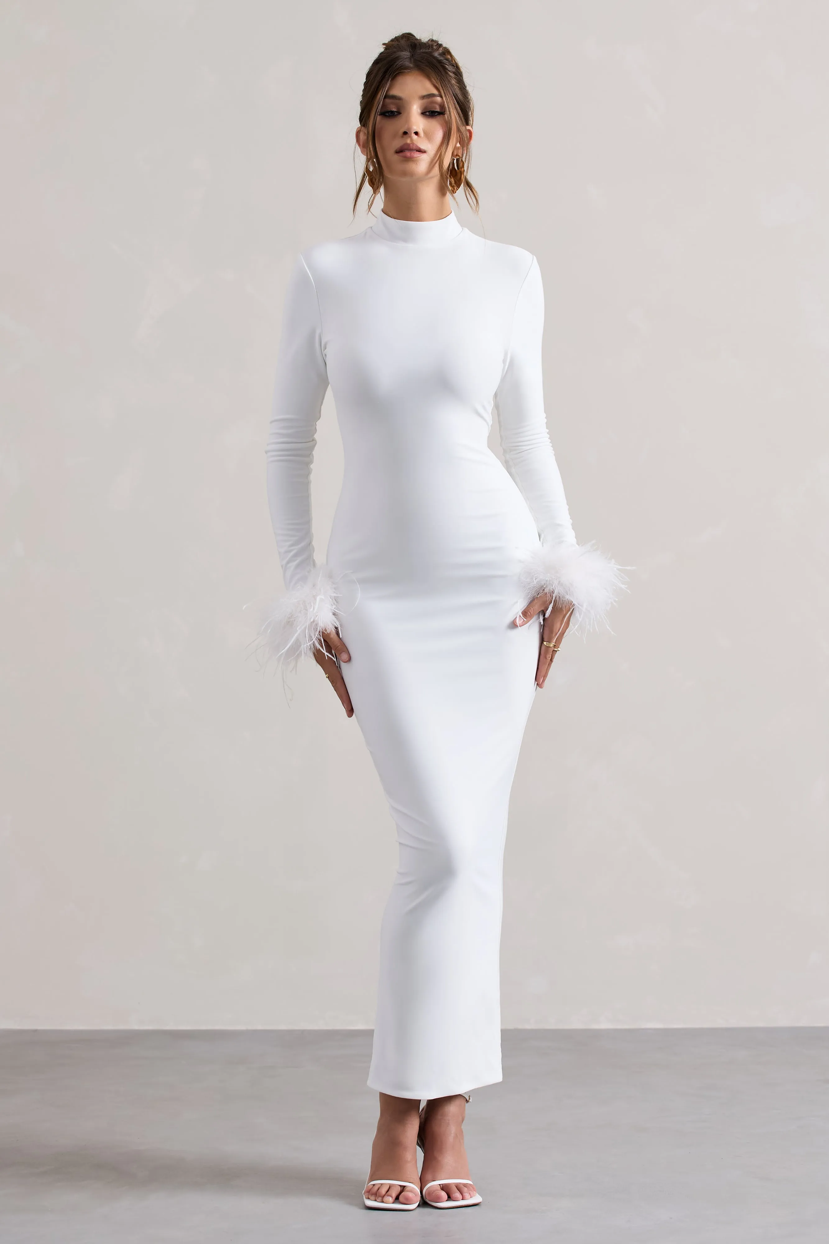 Khalia | White High-Neck Feather-Cuff Maxi Dress sold by Club L London product image thumbnail 4