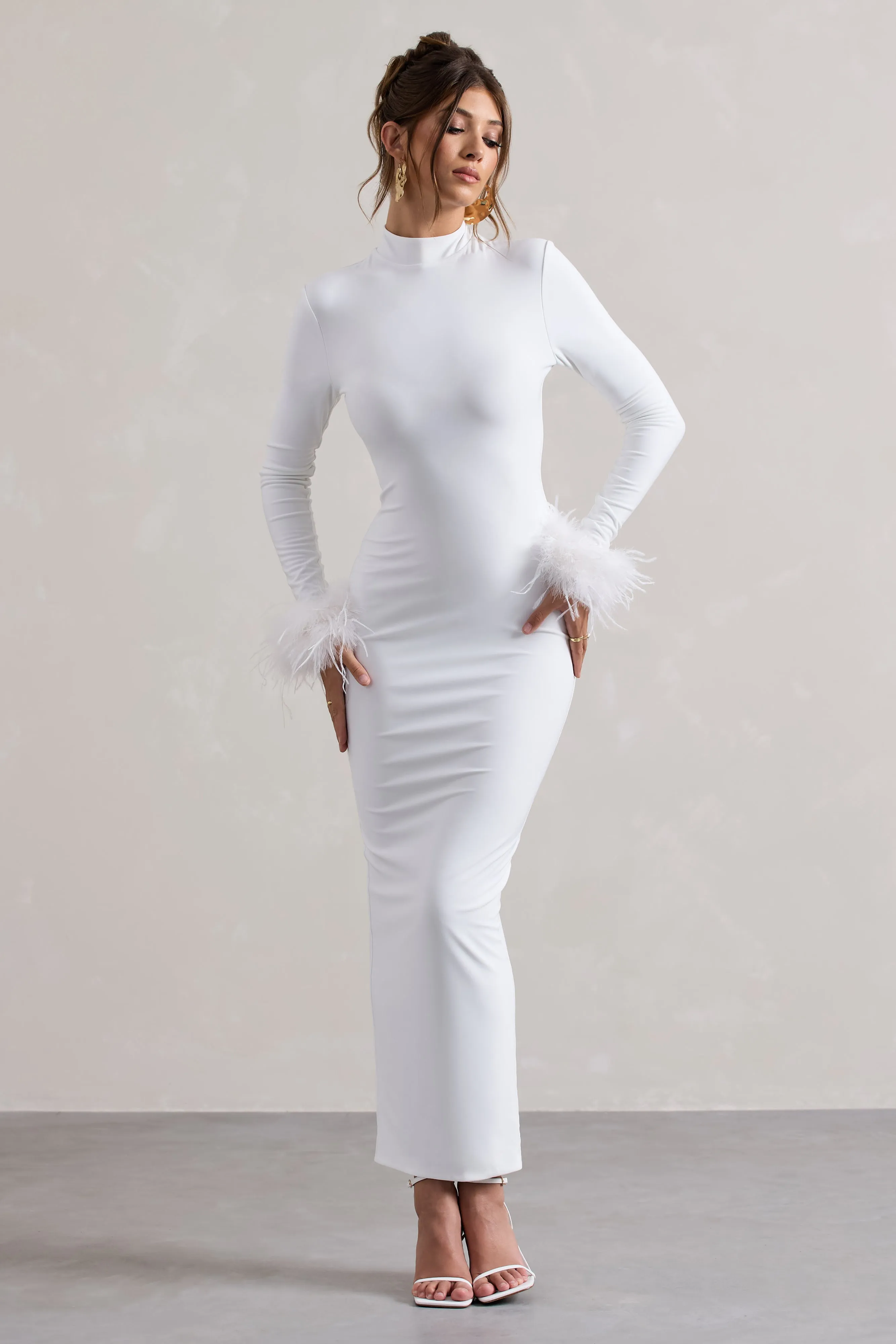 Khalia | White High-Neck Feather-Cuff Maxi Dress sold by Club L London product image thumbnail 5