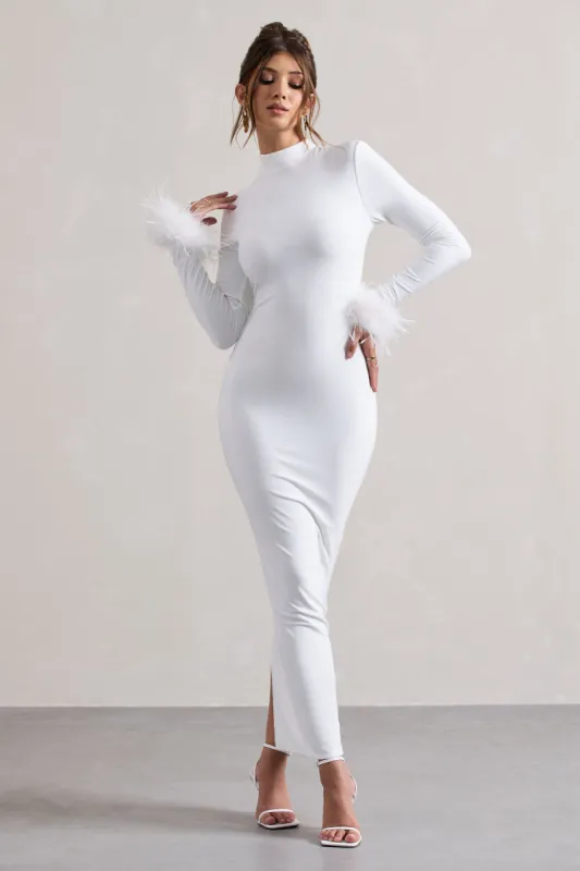 Khalia | White High-Neck Feather-Cuff Maxi Dress sold by Club L London