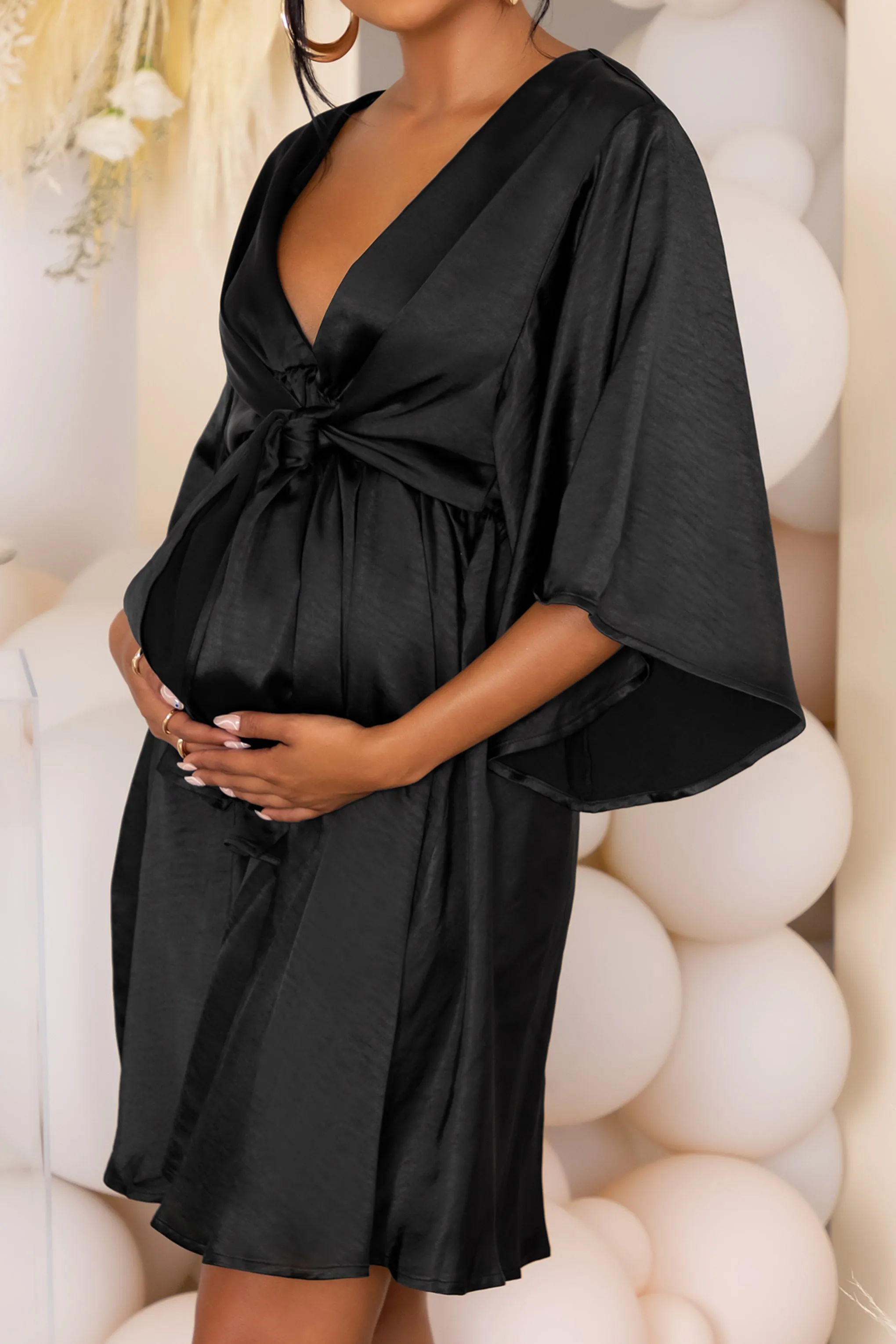 Cherub Surprise | Black Maternity Tie Front Angel Sleeve Mini Dress sold by Club L London product image thumbnail 3