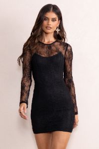 Harlow | Black Corset Detail Mini Dress With Lace Overlay sold by Club L London