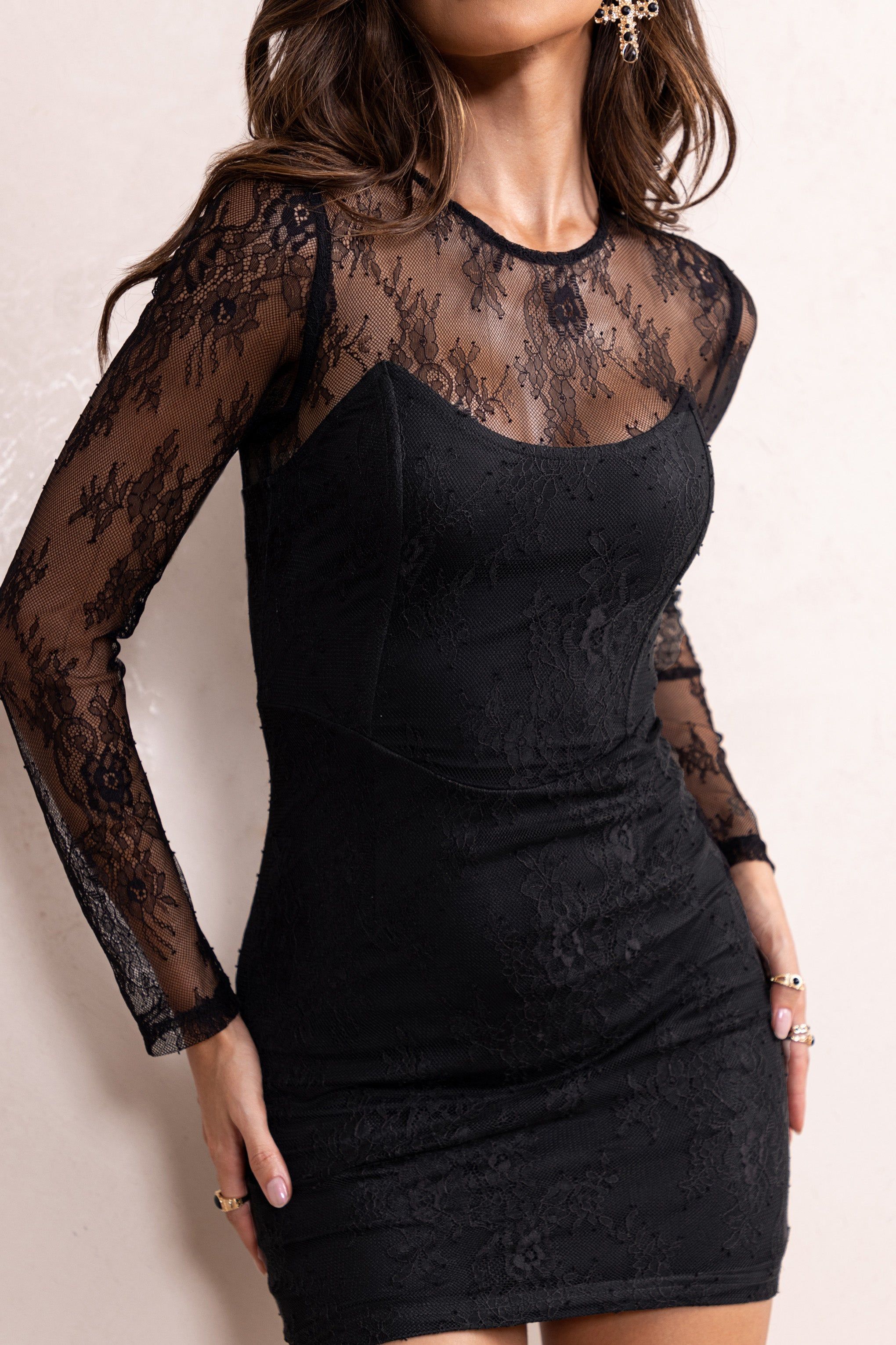 Harlow | Black Corset Detail Mini Dress With Lace Overlay sold by Club L London product image thumbnail 5