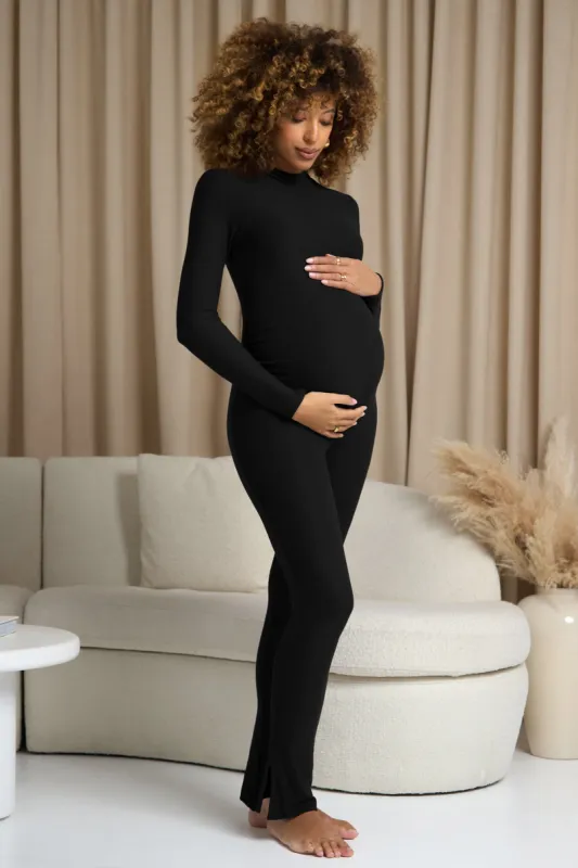 Fia | Black High-Neck Slim-Leg Maternity Jumpsuit sold by Club L London