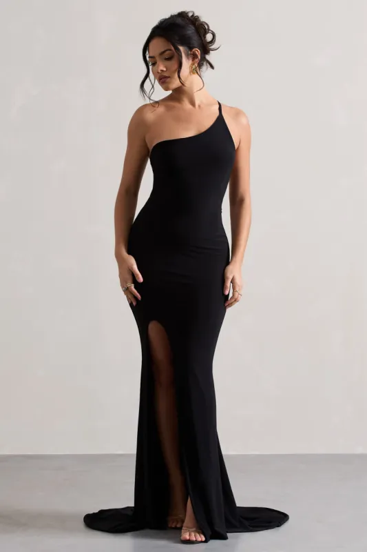 Belle | Black One Shoulder Fishtail Maxi Dress sold by Club L London