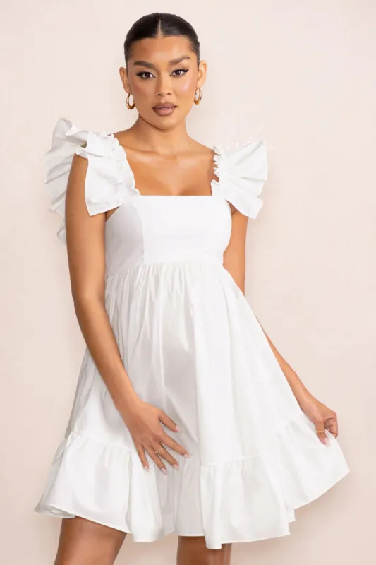 Dolly Daze | White Maternity Ruffle Sleeve Babydoll Mini Dress sold by Club L London