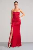 Sensual Notes | Red Satin Strapless Corset Thigh Split Fishtail Maxi Dress sold by Club L London