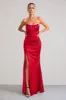 Sensual Notes | Red Satin Strapless Corset Thigh Split Fishtail Maxi Dress sold by Club L London