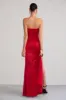 Sensual Notes | Red Satin Strapless Corset Thigh Split Fishtail Maxi Dress sold by Club L London