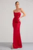 Sensual Notes | Red Satin Strapless Corset Thigh Split Fishtail Maxi Dress sold by Club L London