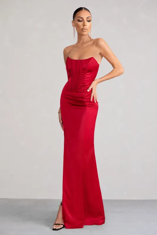 Sensual Notes | Red Satin Strapless Corset Thigh Split Fishtail Maxi Dress sold by Club L London