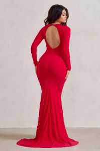 One Step Ahead | Red Long Sleeve Backless Fishtail Maxi Dress sold by Club L London