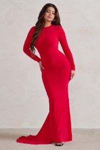 One Step Ahead | Red Long Sleeve Backless Fishtail Maxi Dress sold by Club L London