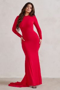 One Step Ahead | Red Long Sleeve Backless Fishtail Maxi Dress sold by Club L London