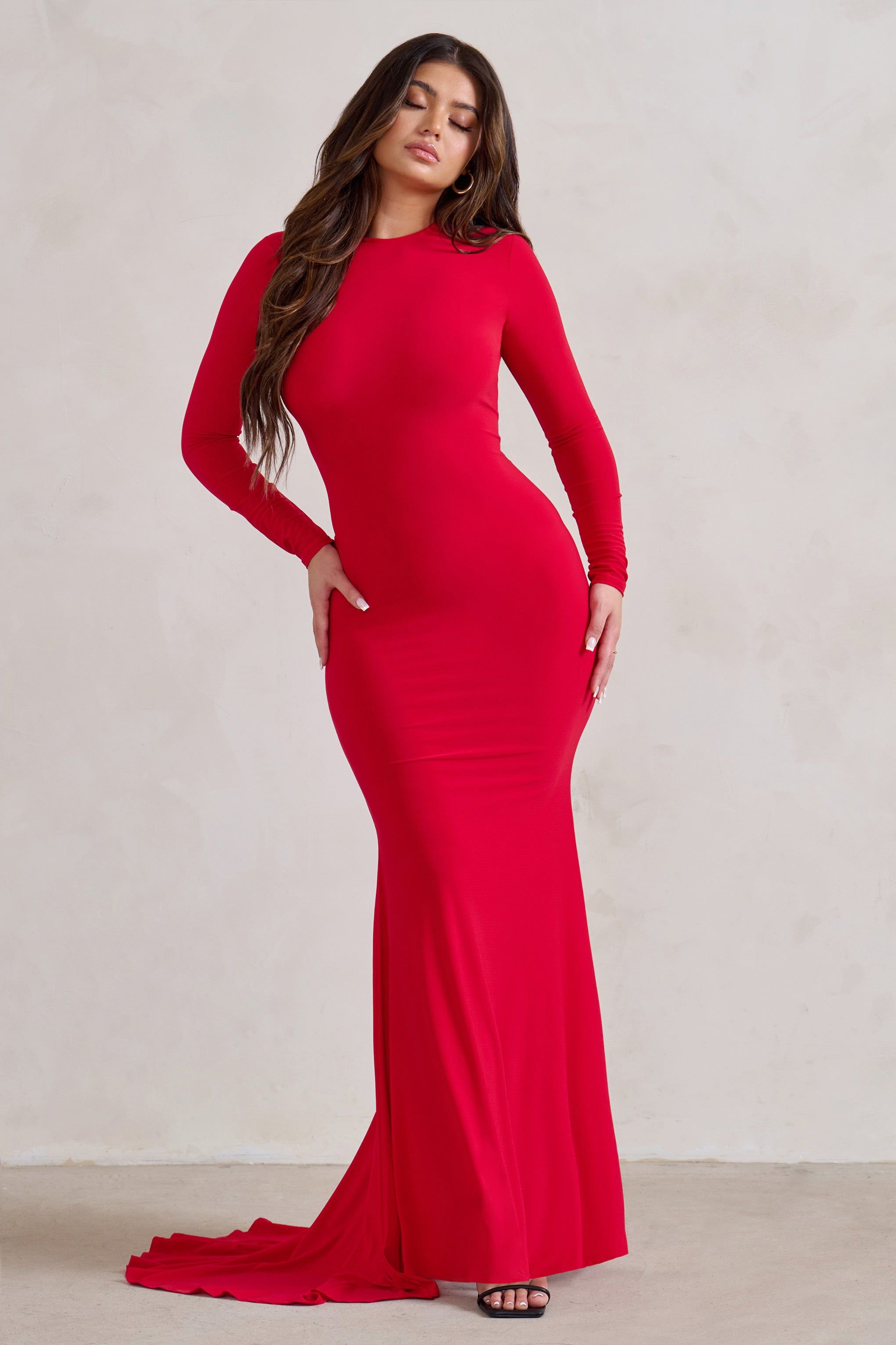 One Step Ahead | Red Long Sleeve Backless Fishtail Maxi Dress sold by Club L London product image thumbnail 5