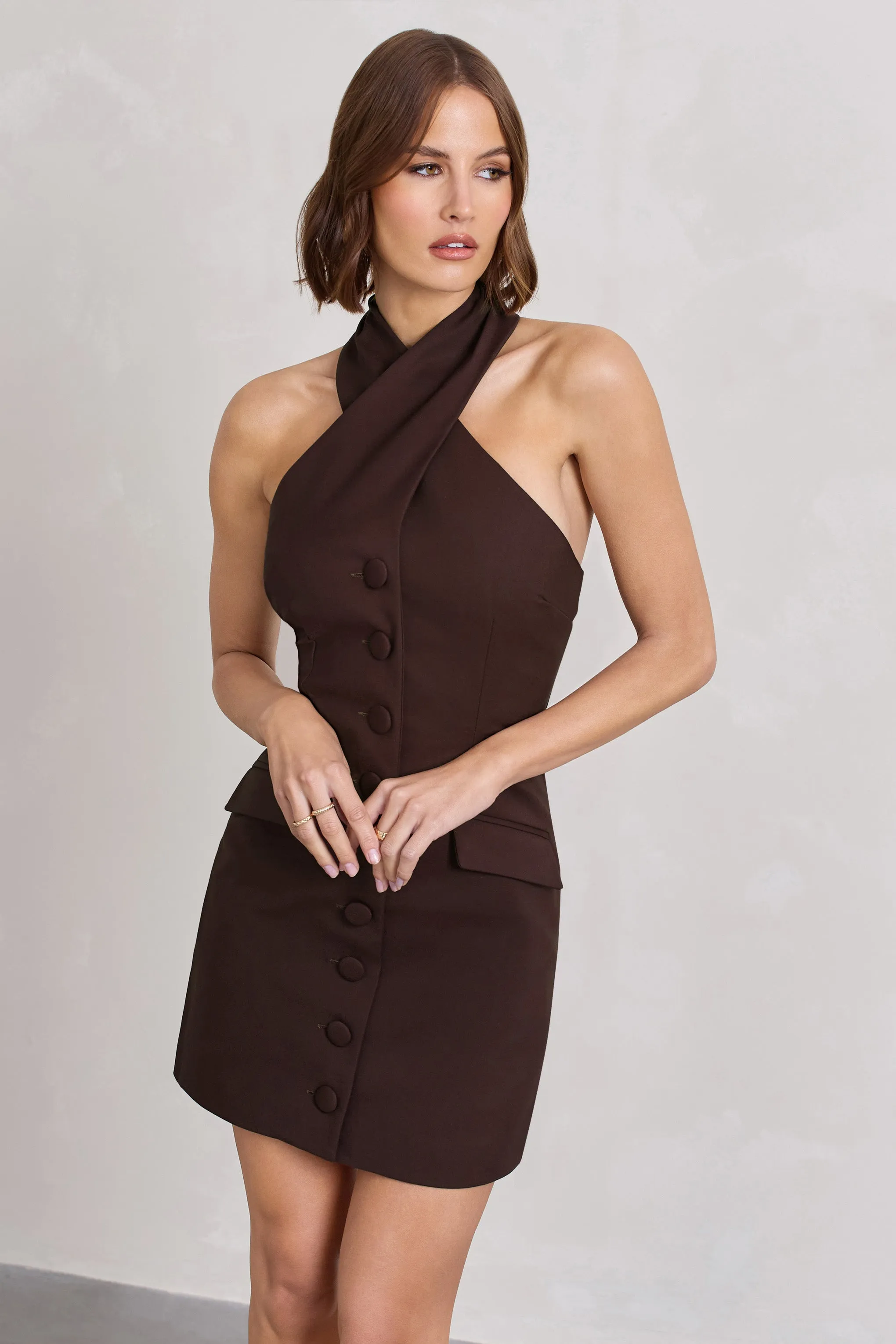 Dani | Chocolate Halter Neck Tailored Buttoned Bodycon Mini Dress sold by Club L London product image thumbnail 4