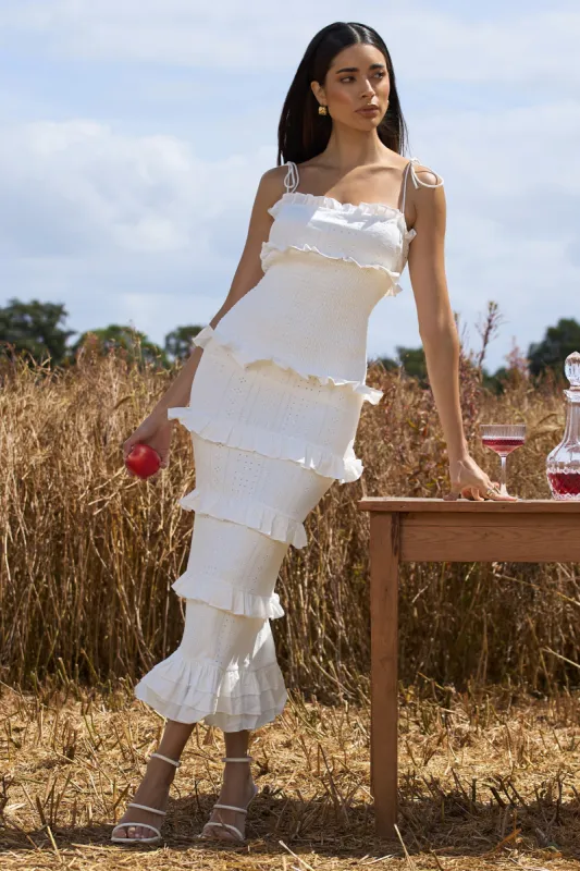 Lauren | White Broderie Strappy Ruffled Maxi Dress sold by Club L London