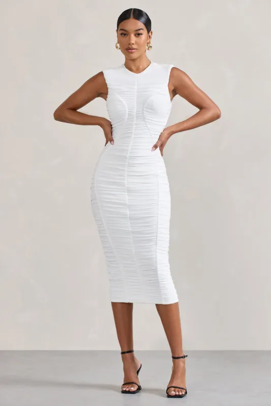 Alight  | White Ruched Mesh Sleeveless Bodycon Midi Dress sold by Club L London