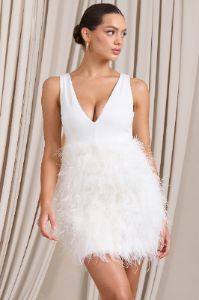 Flirt | White Plunge Front Mini Dress With Feather Skirt sold by Club L London