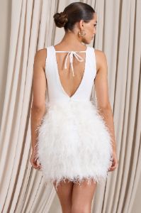 Flirt | White Plunge Front Mini Dress With Feather Skirt sold by Club L London