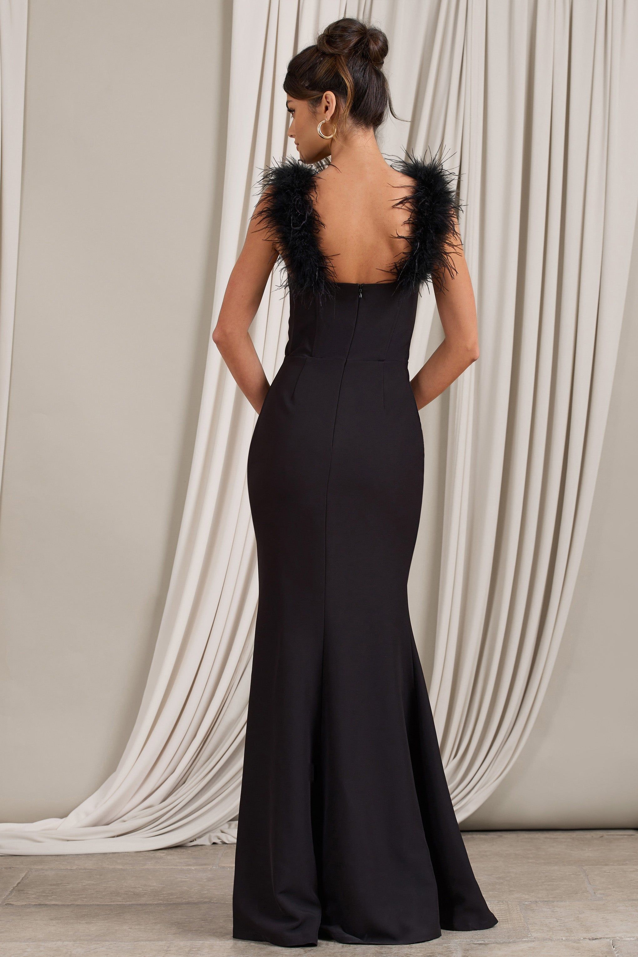 Lily | Black Feather Shoulder Corset Style Maxi Dress sold by Club L London product image thumbnail 2