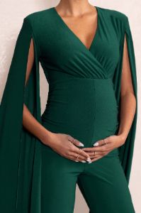 Triumph | Bottle Green Plunge Neck Maternity Jumpsuit with Cape Sleeves sold by Club L London