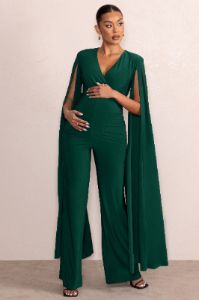 Triumph | Bottle Green Plunge Neck Maternity Jumpsuit with Cape Sleeves sold by Club L London
