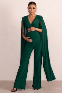 Triumph | Bottle Green Plunge Neck Maternity Jumpsuit with Cape Sleeves sold by Club L London