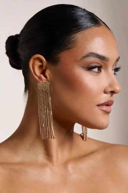 Pasha | Gold Crystal Tassel Earrings sold by Club L London