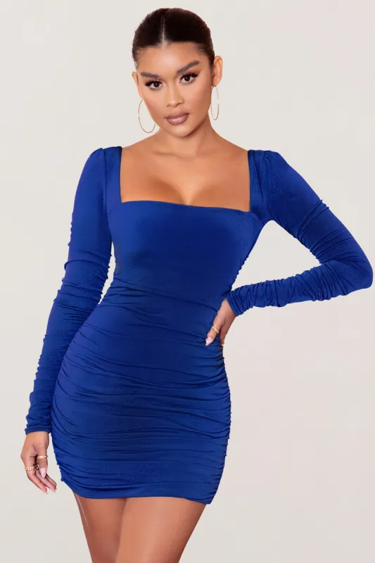 Muse | Royal Blue Long Sleeve Square Neck Ruched Mini Dress sold by Club L London