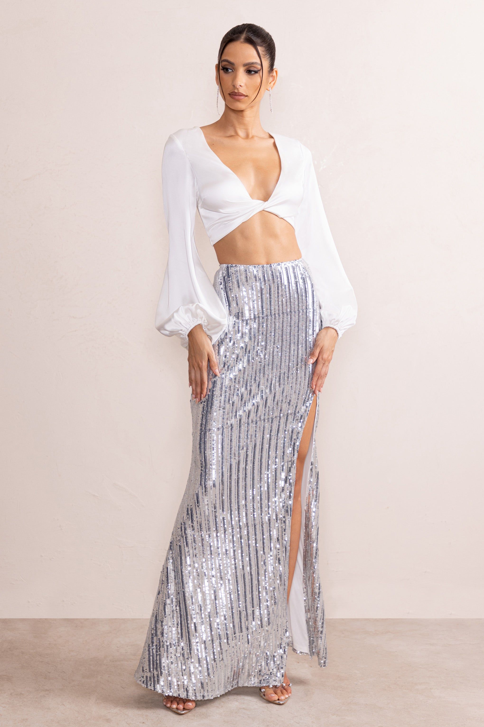 Sasha | Silver Sequin Fishtail Maxi Skirt With Side Split sold by Club L London product image thumbnail 4