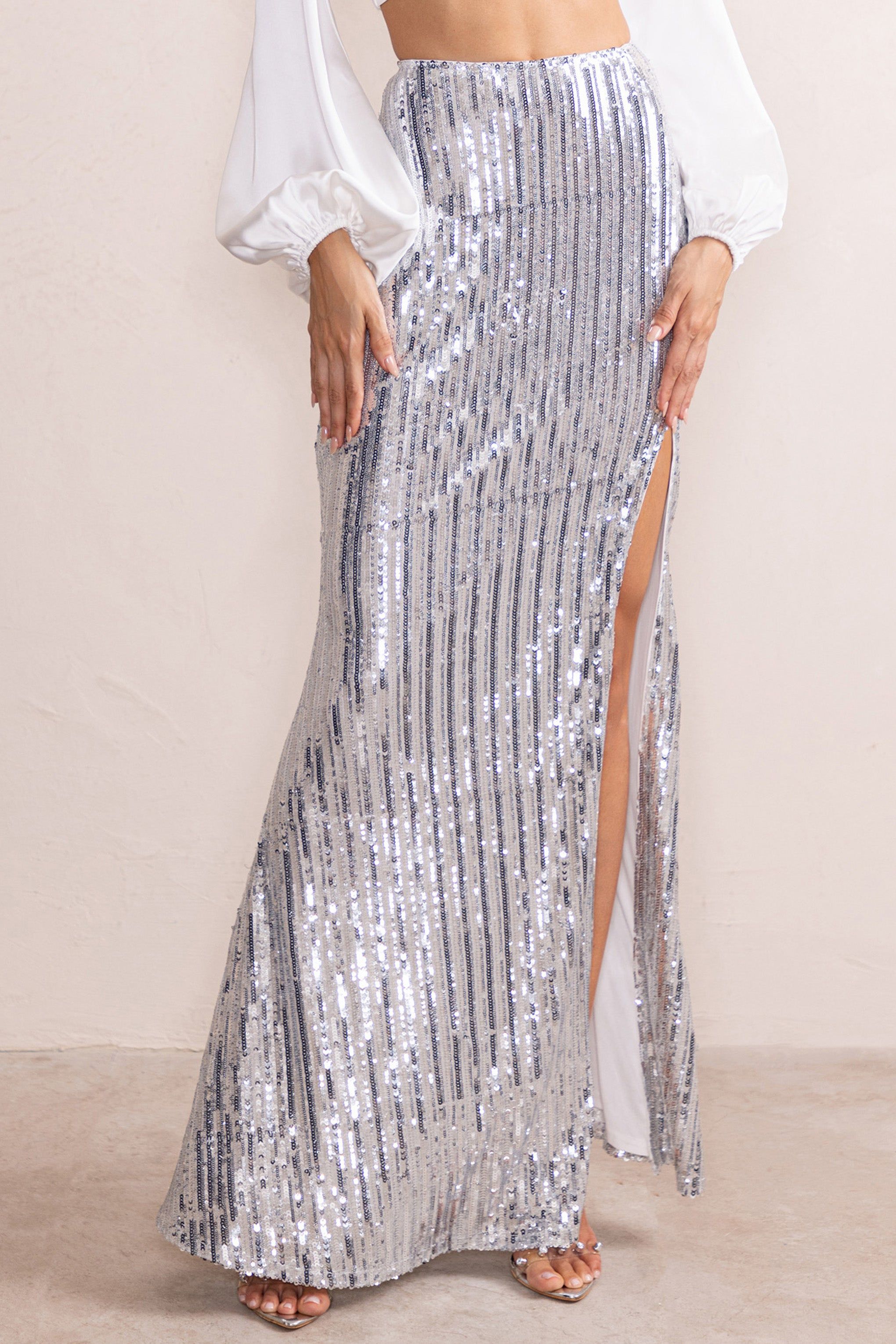 Sasha | Silver Sequin Fishtail Maxi Skirt With Side Split sold by Club L London product image thumbnail 3