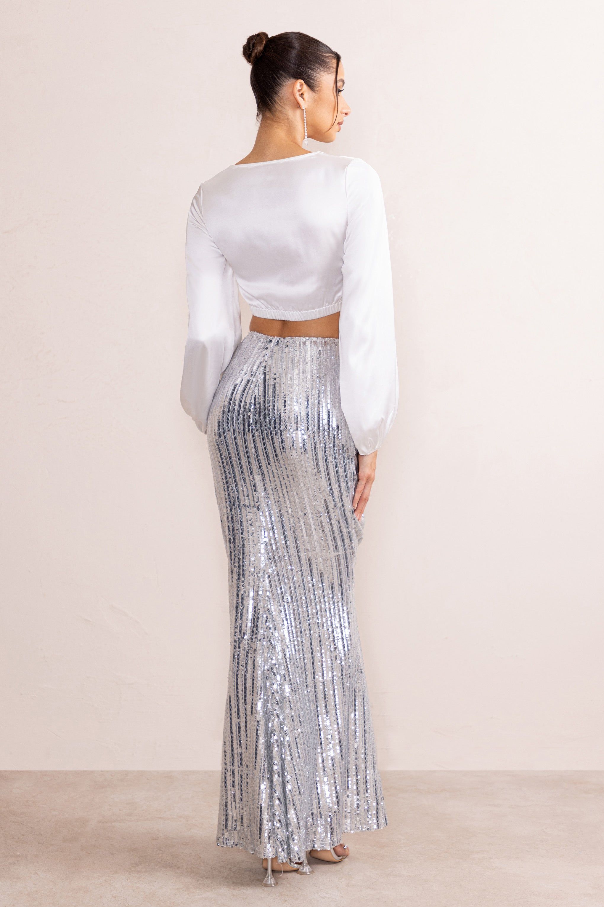 Sasha | Silver Sequin Fishtail Maxi Skirt With Side Split sold by Club L London product image thumbnail 2