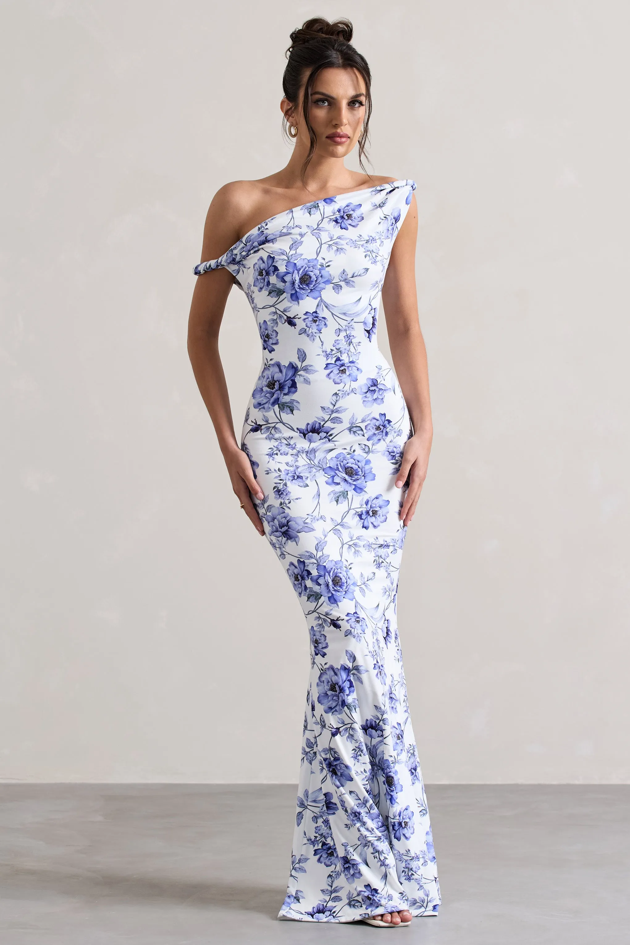 Lita | Blue Floral Twisted Asymmetric Maxi Dress sold by Club L London