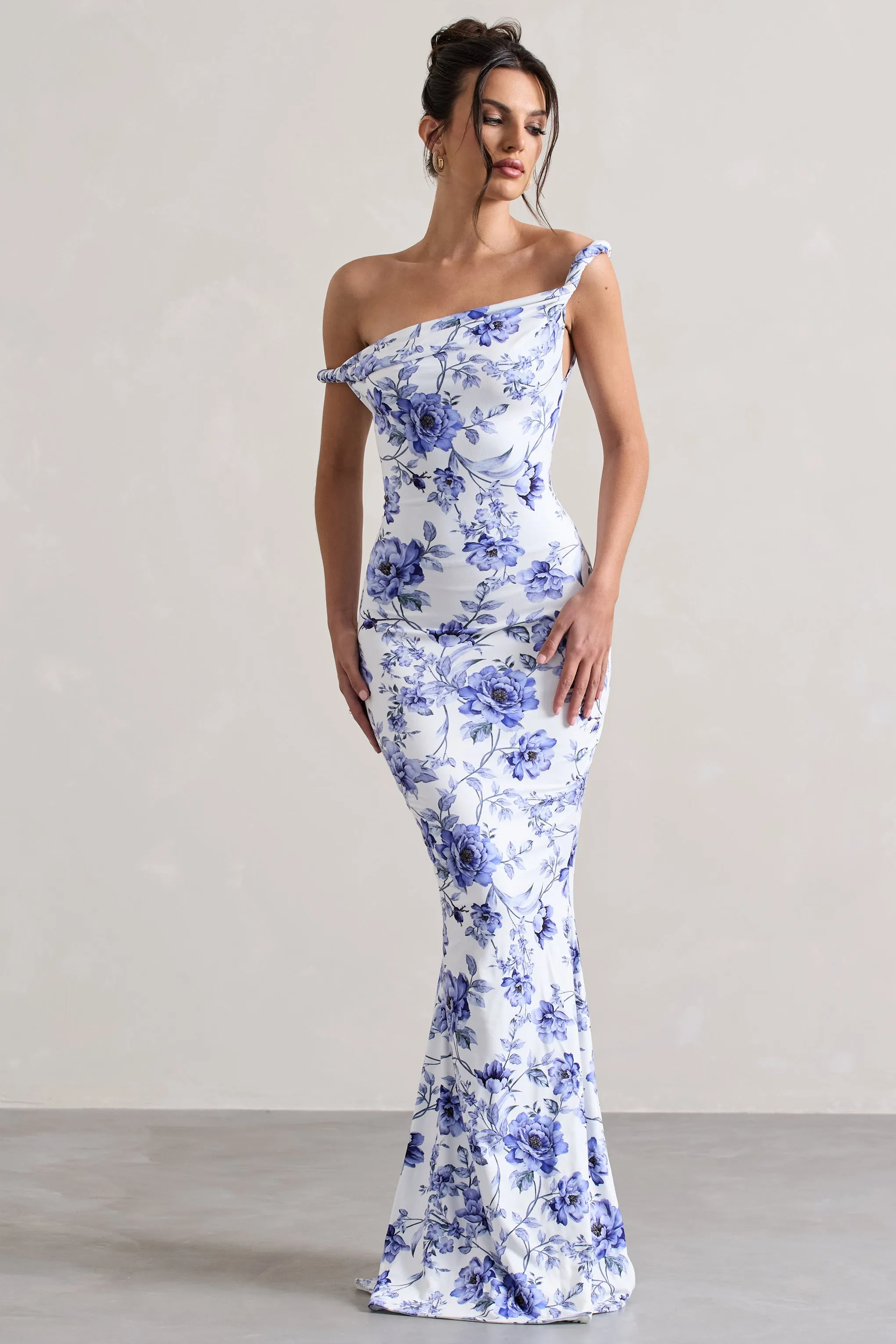 Lita | Blue Floral Twisted Asymmetric Maxi Dress sold by Club L London product image thumbnail 4